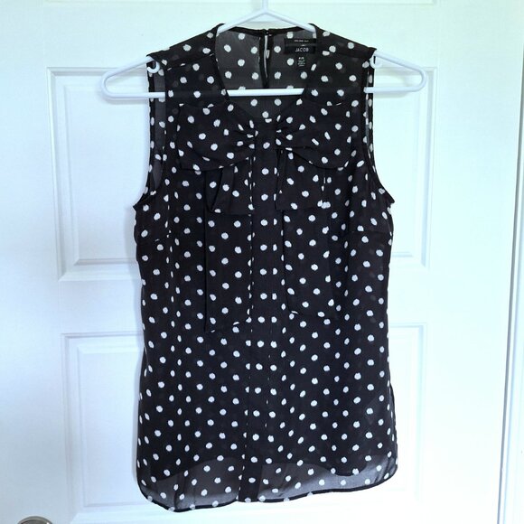 100% Silk Black and White Polkadot Sleeveless top with bow - Picture 3 of 15